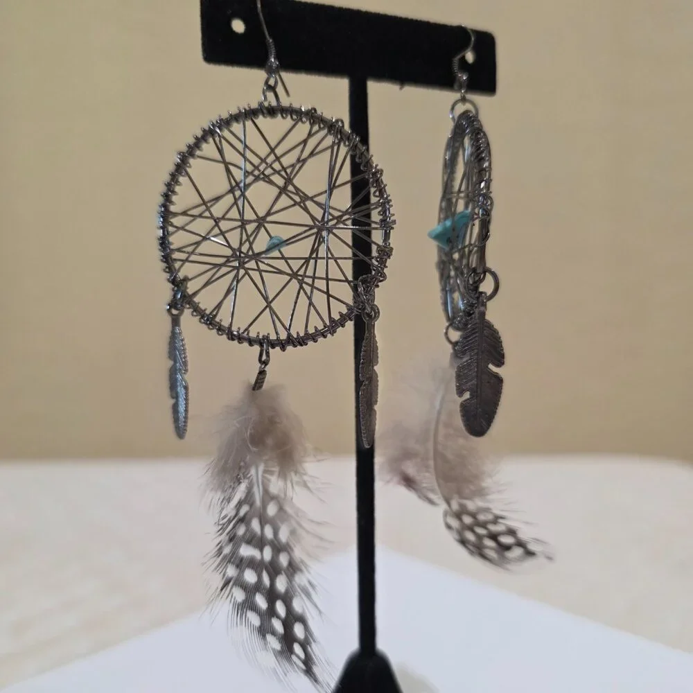 Dreamcatcher Metal Woven Feather Accent Large Long SW Dangle Pierced Earrings